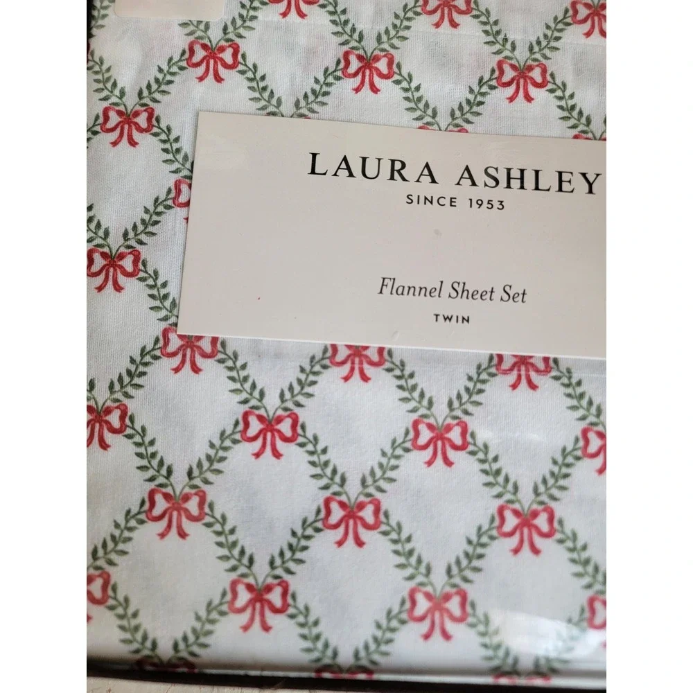 Laura‎ Ashley twin NEW bow trellis flannel bedsheet 3pc holiday Xmas home decor